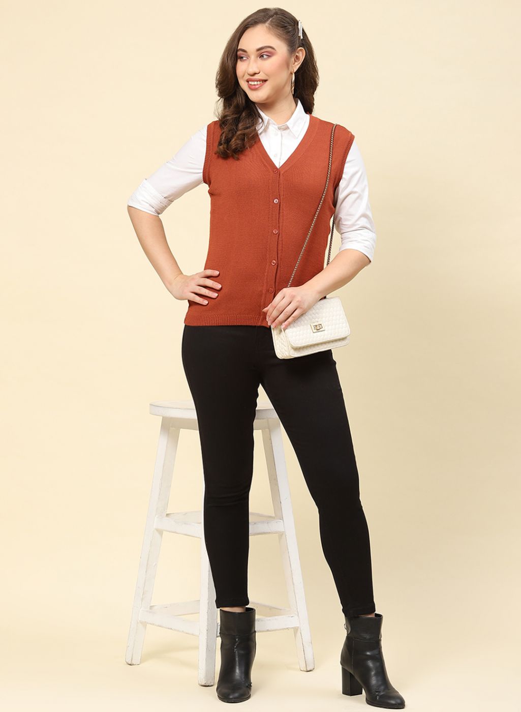 Women Rust Orange Solid Modal Nylone Cardigan