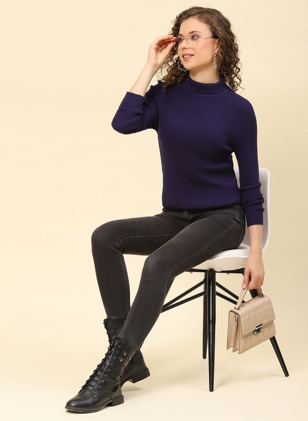 Women NAvy Blue Solid Blend wool Sceavy