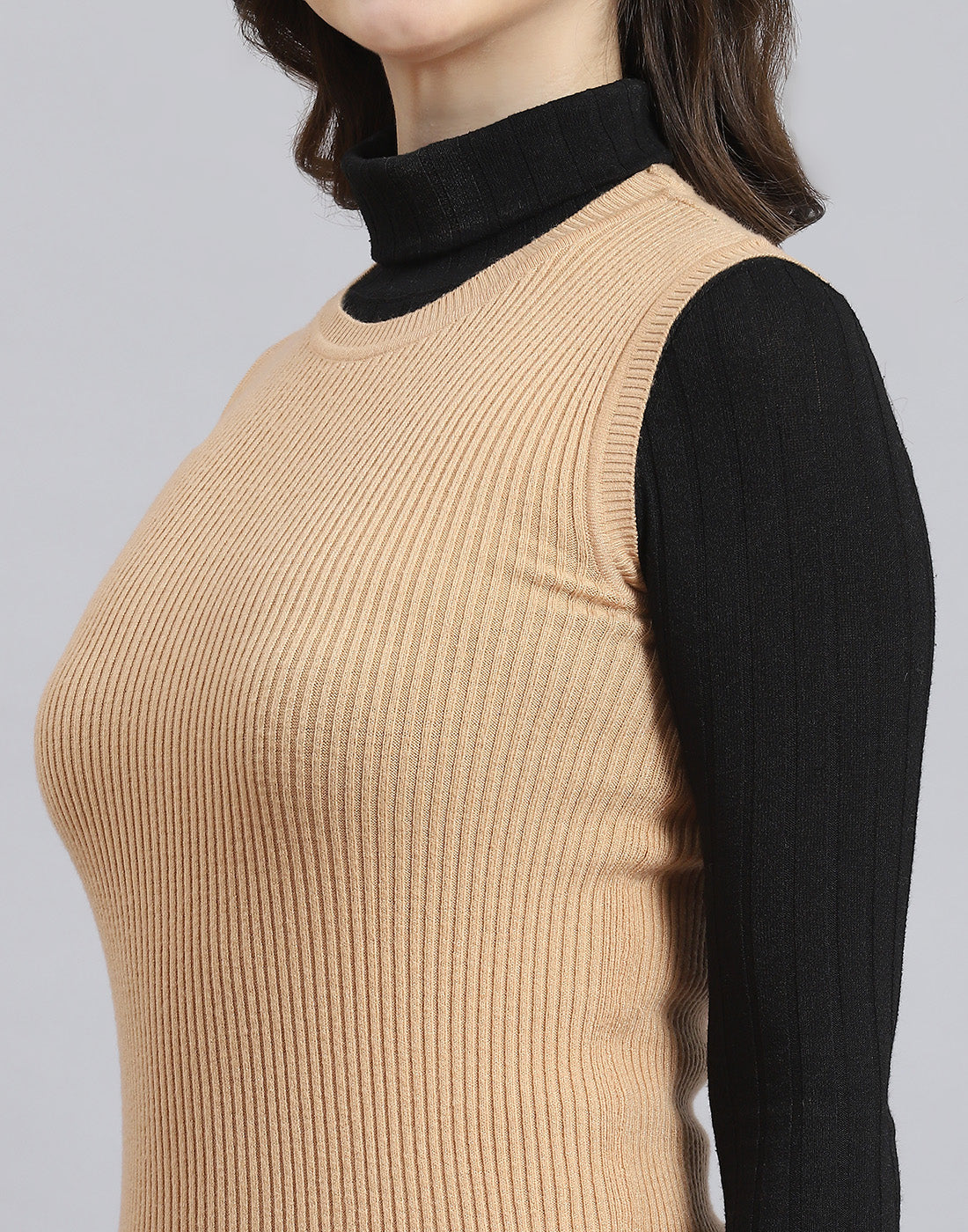 Women Beige Solid Round Neck Sleeveless Sweater