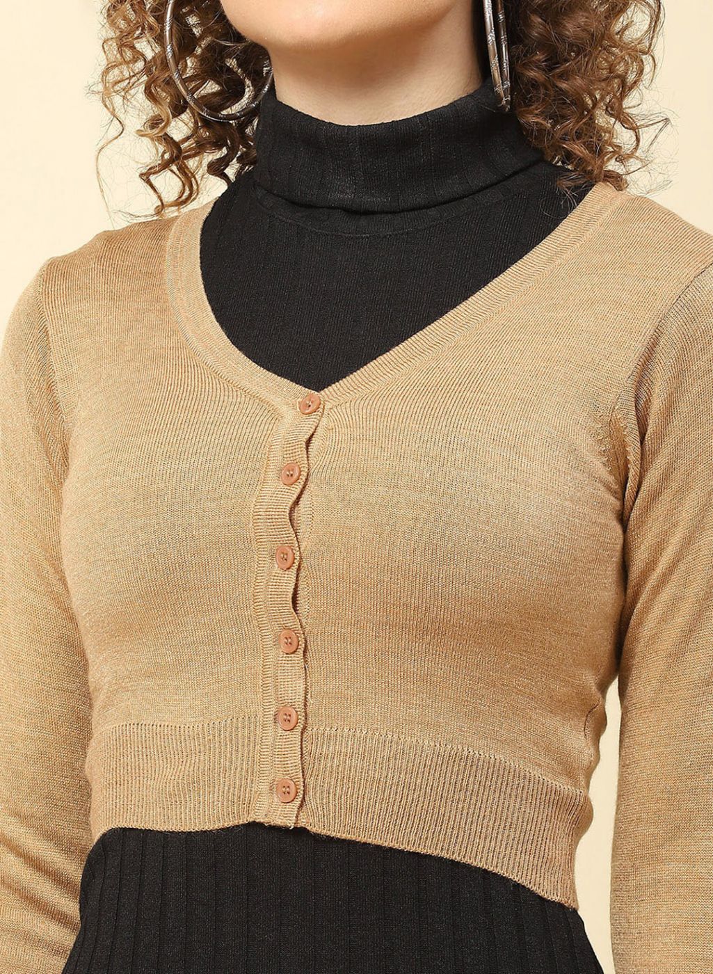 Women Camel Brown Solid Blend wool Blouse