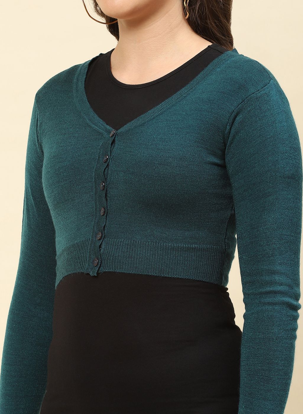 Women Teal Blue Solid Blend wool Blouse
