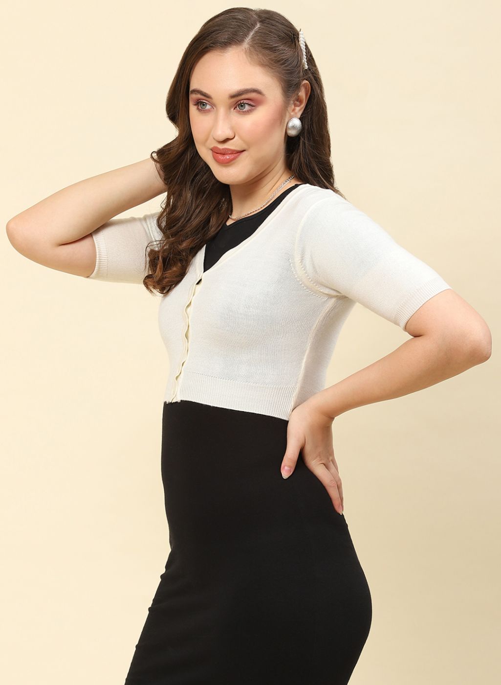 Women Off White Solid Blend wool Blouse