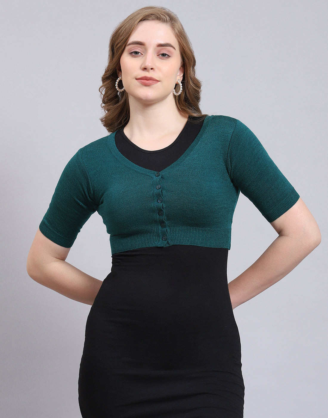 Women Teal Blue Solid Front Open Half Sleeve Sweater