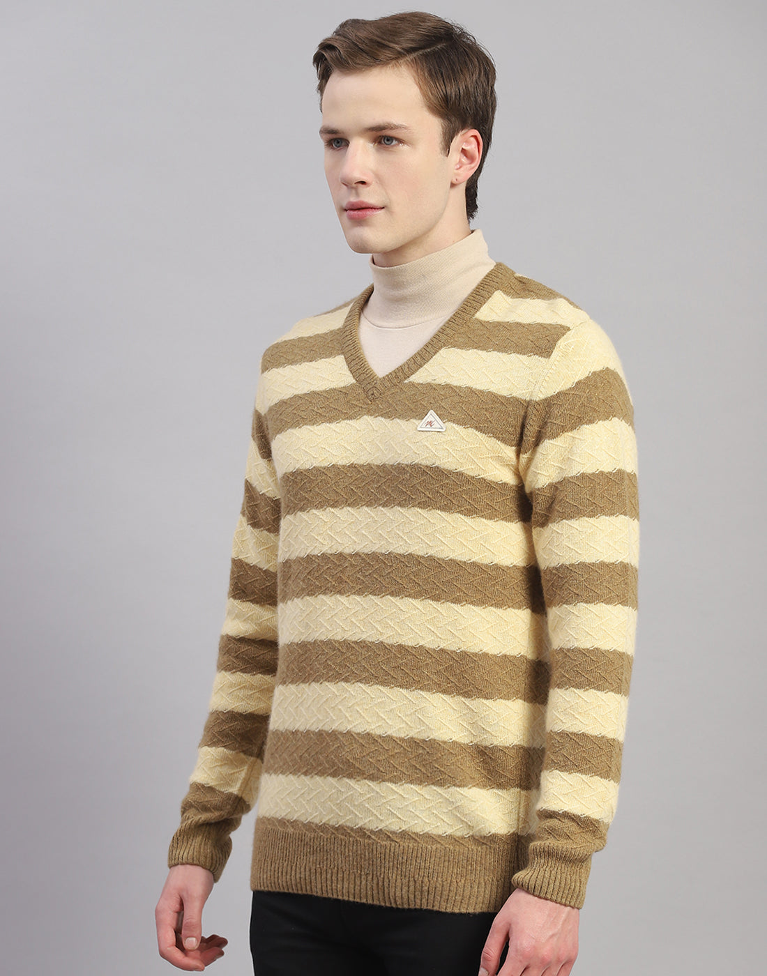 Men Beige Stripe V Neck Full Sleeve Pullover