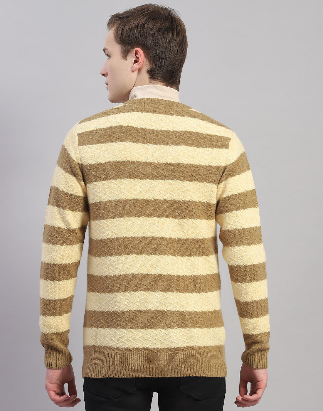 Men Beige Stripe V Neck Full Sleeve Pullover