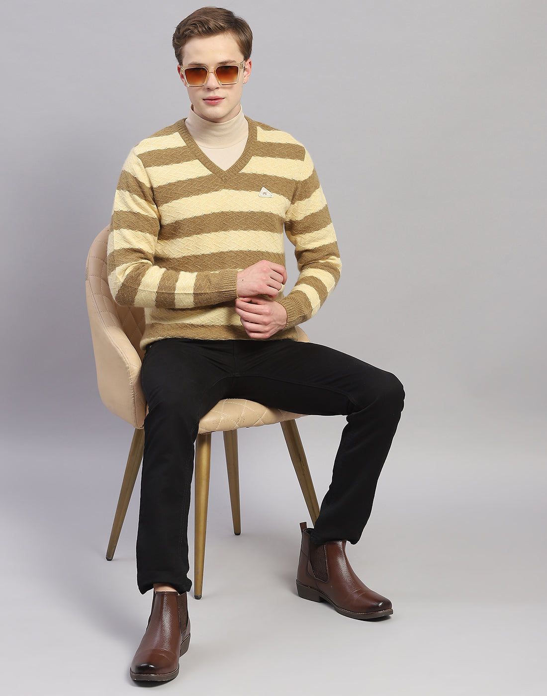 Men Beige Stripe V Neck Full Sleeve Pullover