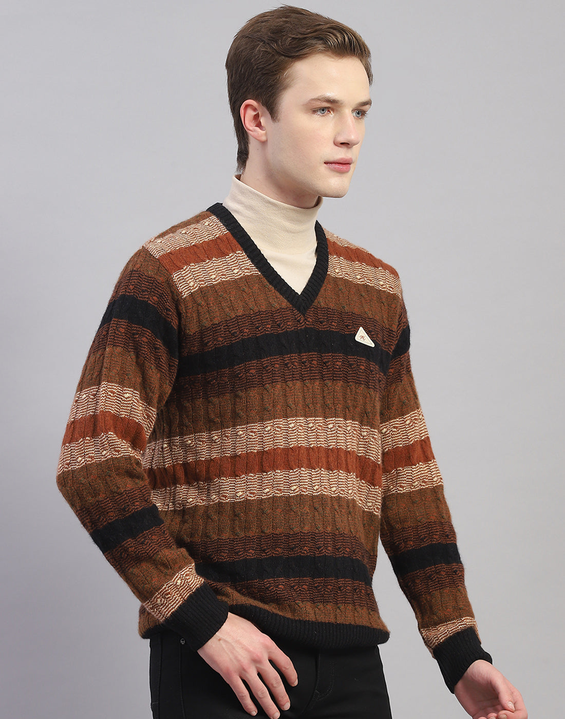 Men Brown Stripe V Neck Full Sleeve Pullover