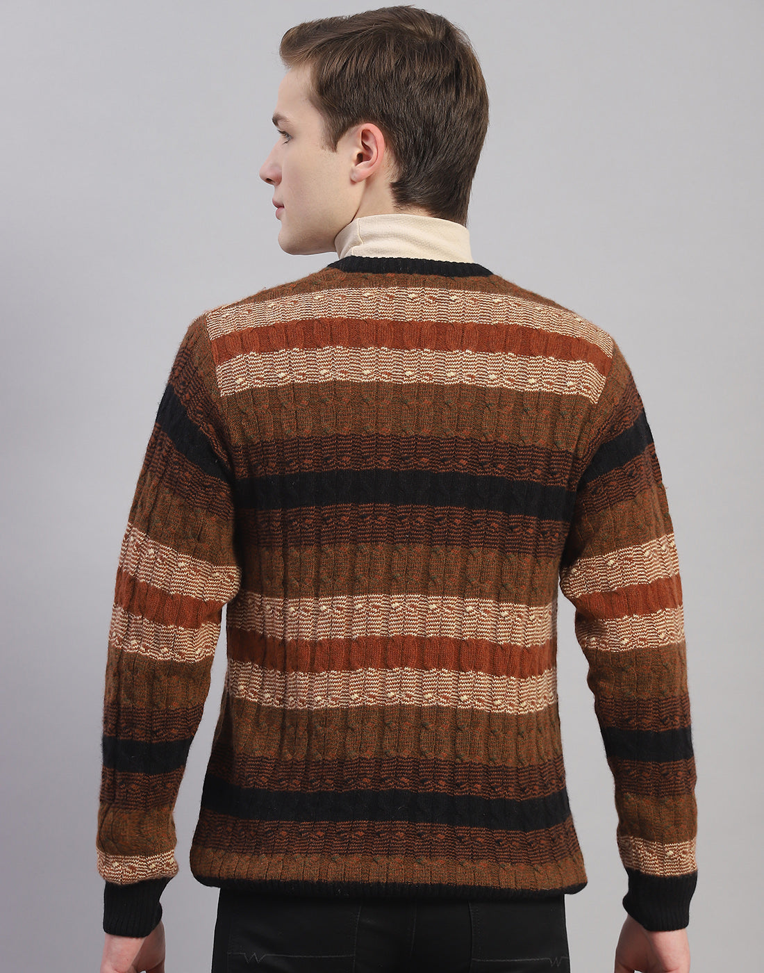 Men Brown Stripe V Neck Full Sleeve Pullover
