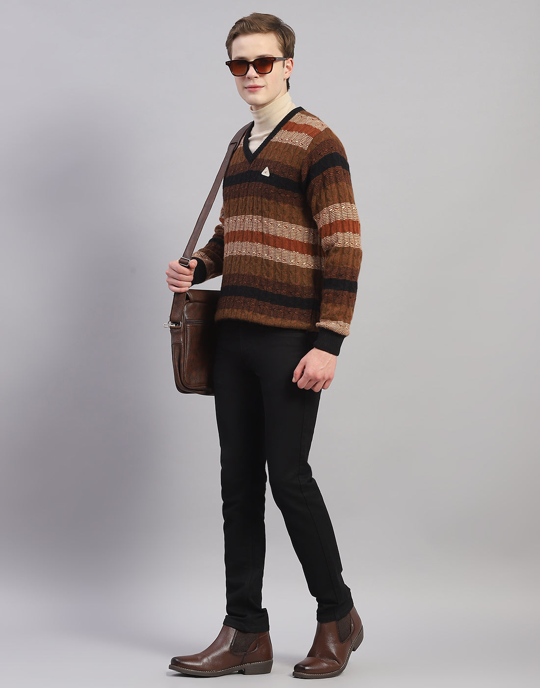 Men Brown Stripe V Neck Full Sleeve Pullover
