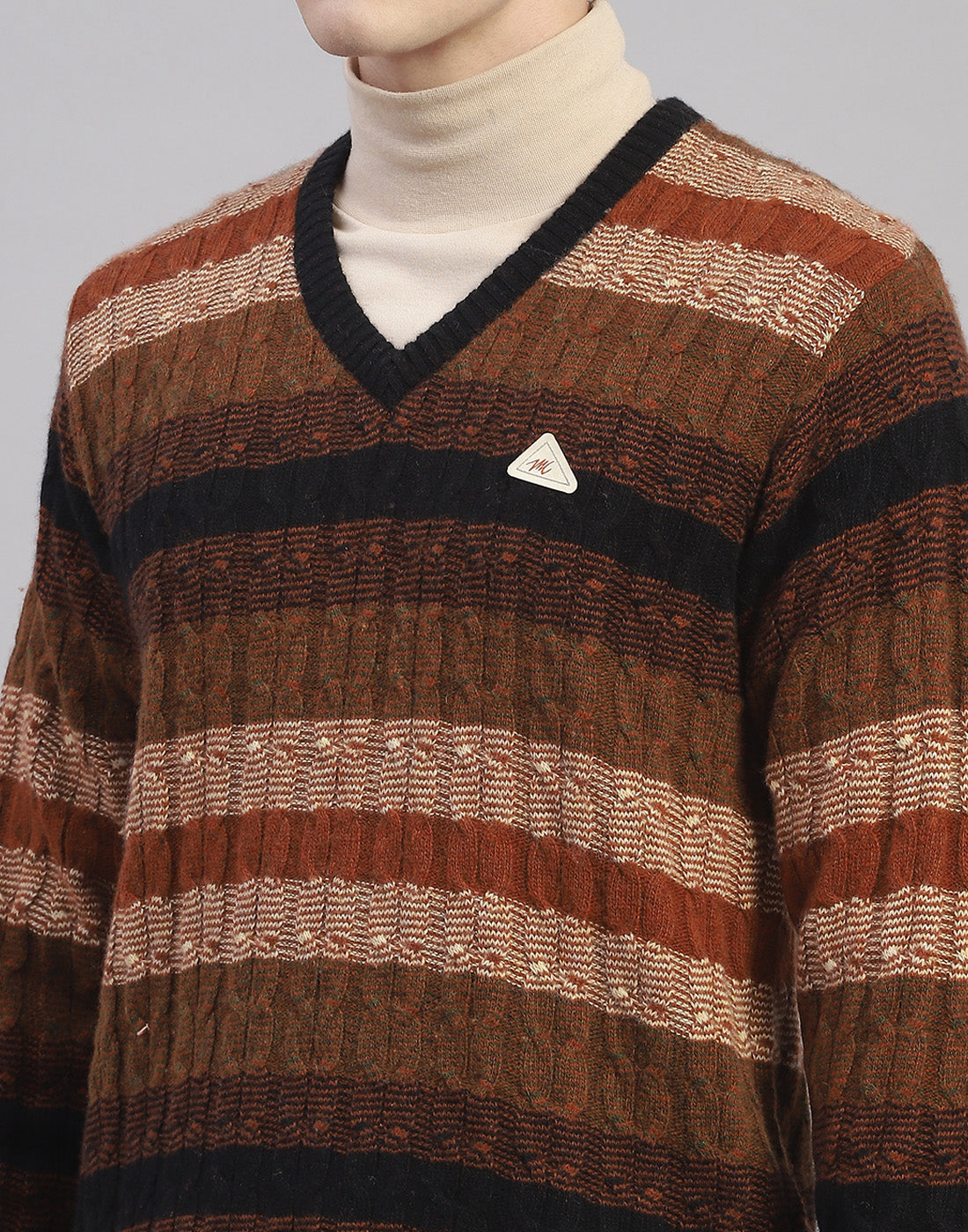 Men Brown Stripe V Neck Full Sleeve Pullover
