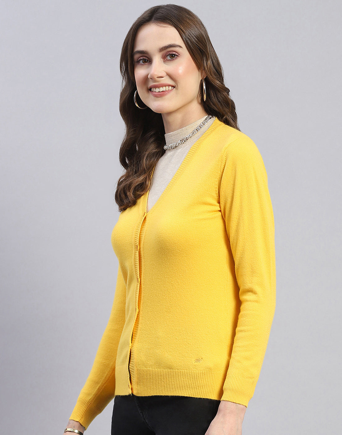 Women Yellow Solid V Neck Full Sleeve Cardigan
