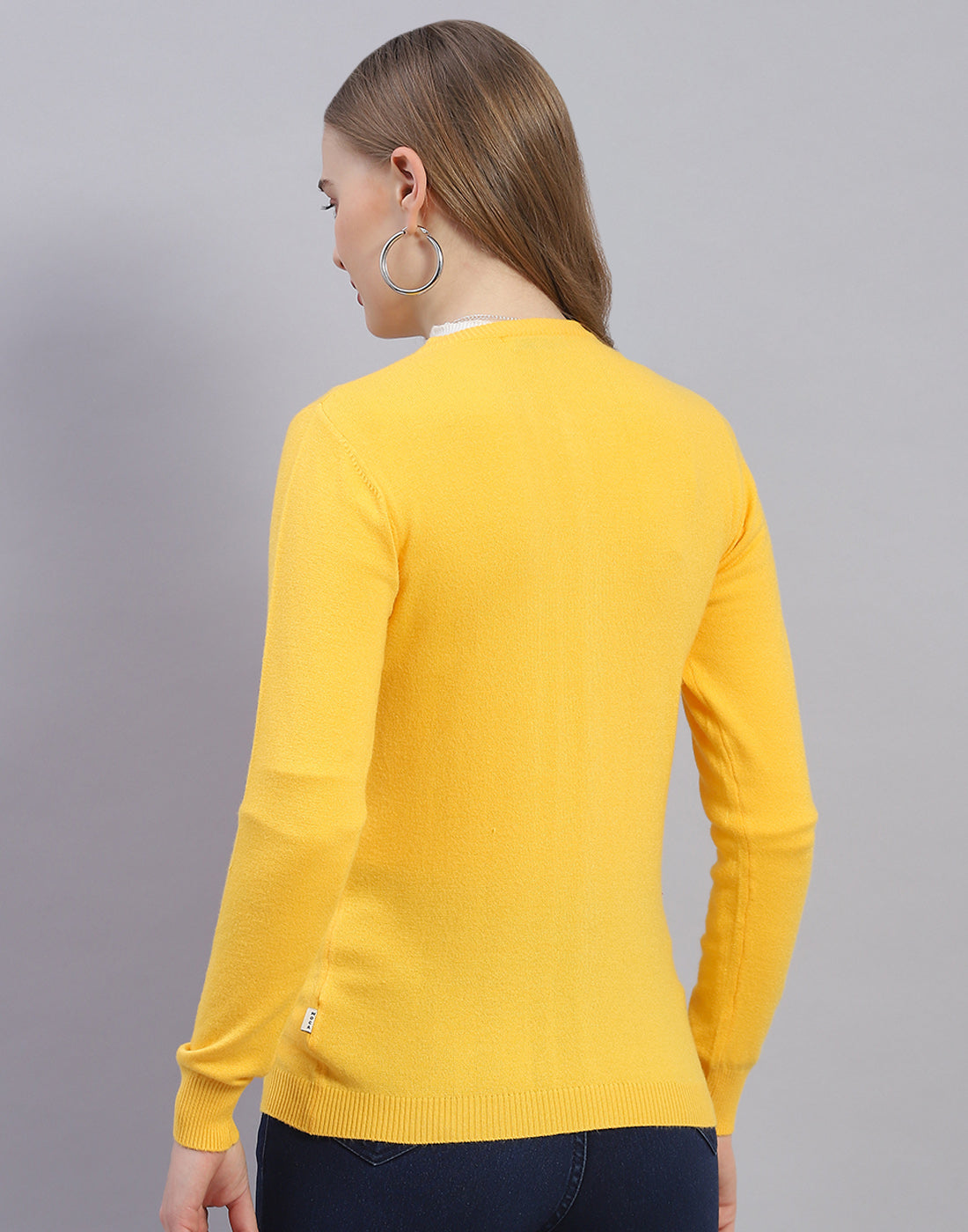 Women Yellow Solid Round Neck Full Sleeve Cardigan