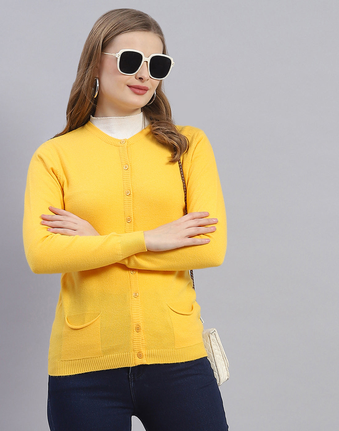 Women Yellow Solid Round Neck Full Sleeve Cardigan