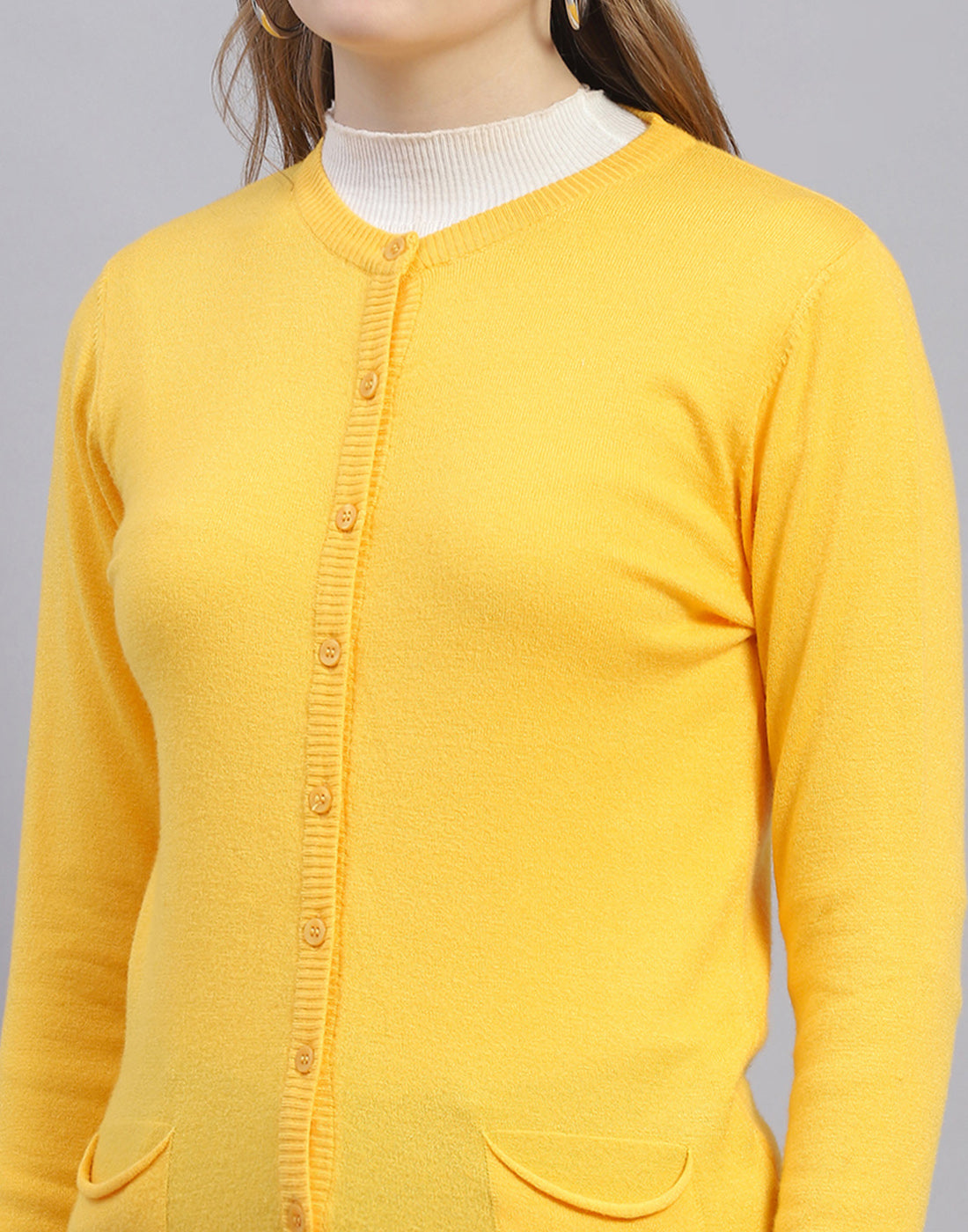 Women Yellow Solid Round Neck Full Sleeve Cardigan