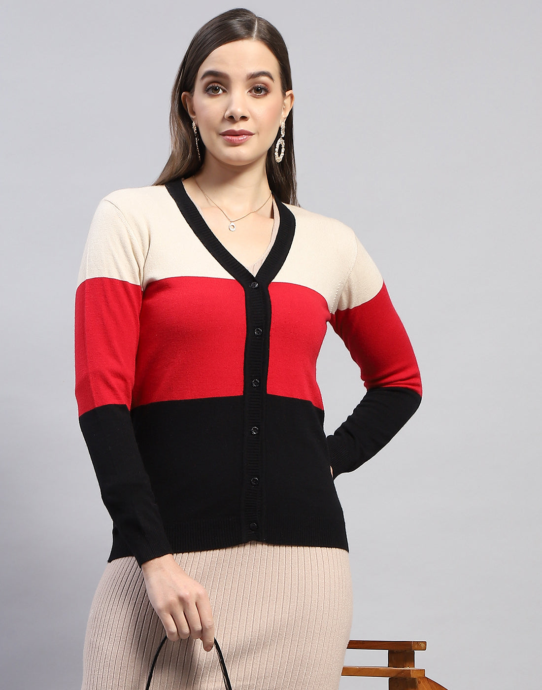 Women Red Self Design V Neck Full Sleeve Cardigan