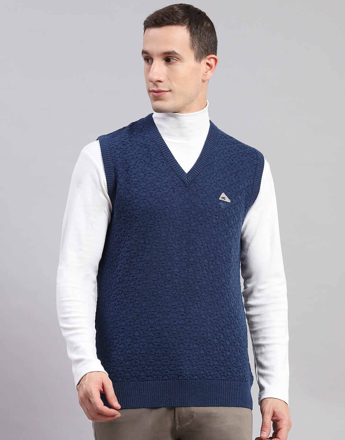 Men Blue Self Design V Neck Sleeveless Sweaters/Pullovers