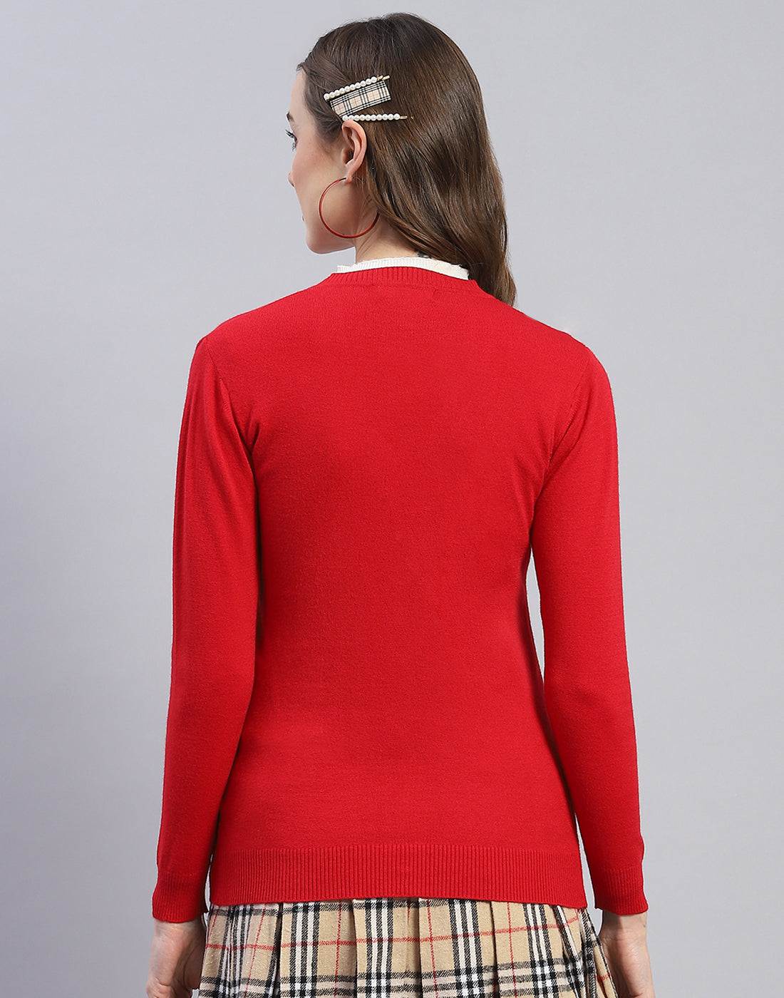 Women Red Solid V Neck Full Sleeve Cardigan