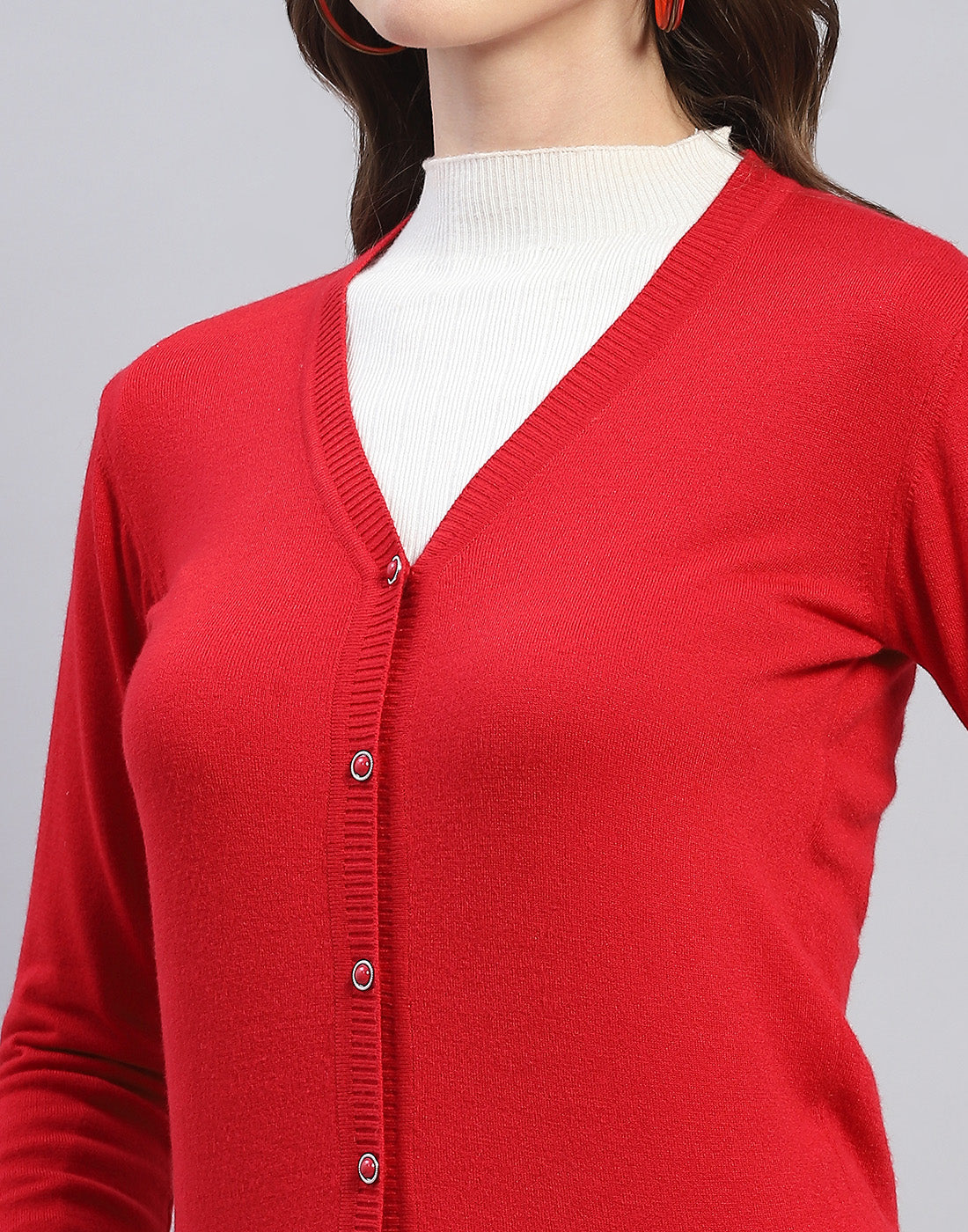 Women Red Solid V Neck Full Sleeve Cardigan