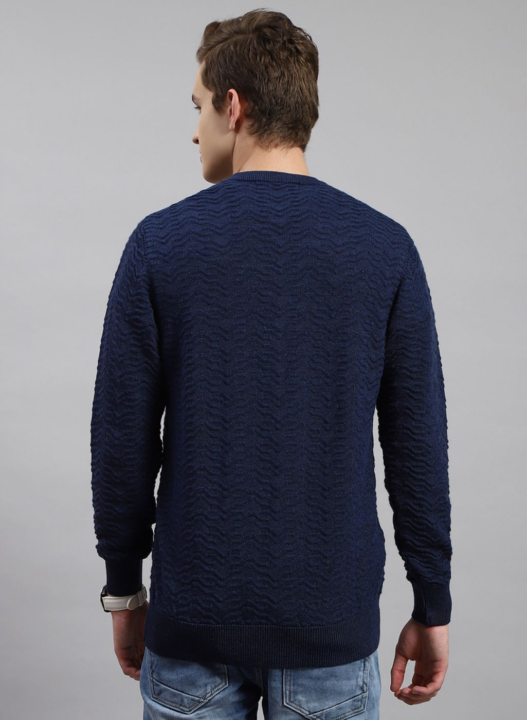 Men NAvy Blue Self Design Pure wool Pullover