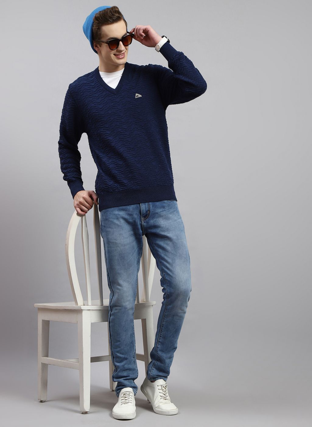 Navy Blue Monte Carlo Sweaters For Mens Men NAvy Blue Self Design