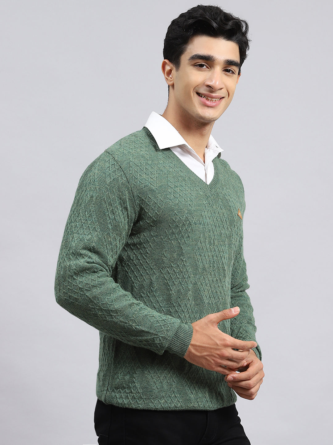 Men Green Self Pullover