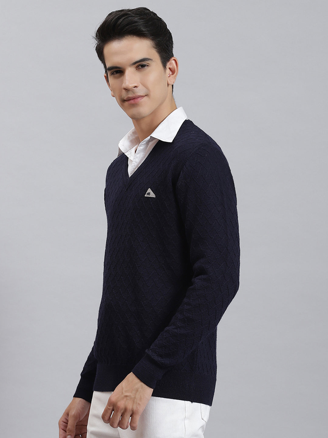 Men Navy Blue Self Design V Neck Full Sleeve Sweaters/Pullovers