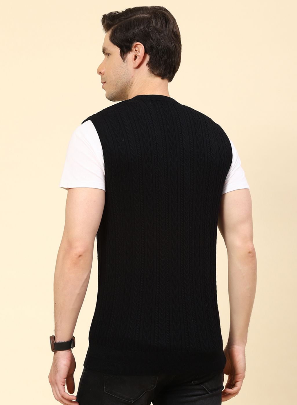 Men Black Self Design Pure wool Sweater