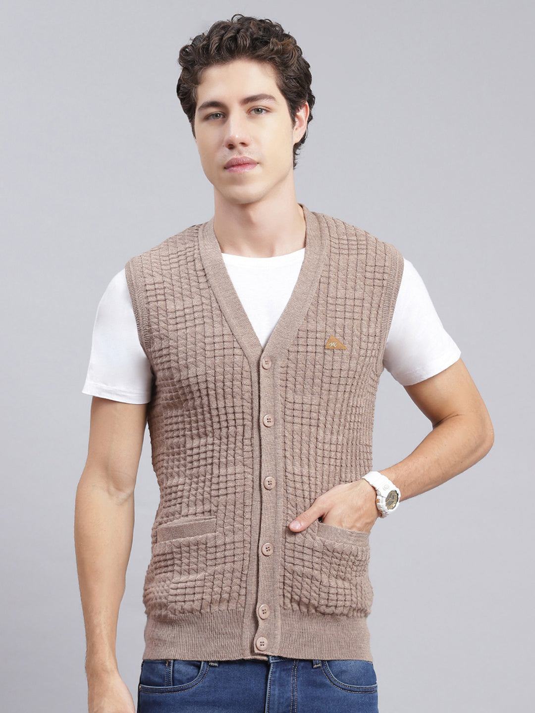 Men Beige Self Design Pure wool Cardigan