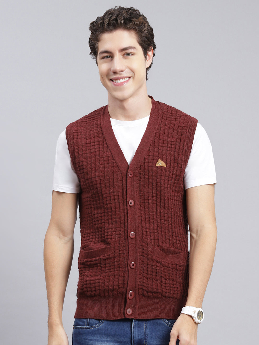 Men Maroon Self Design Pure wool Cardigan