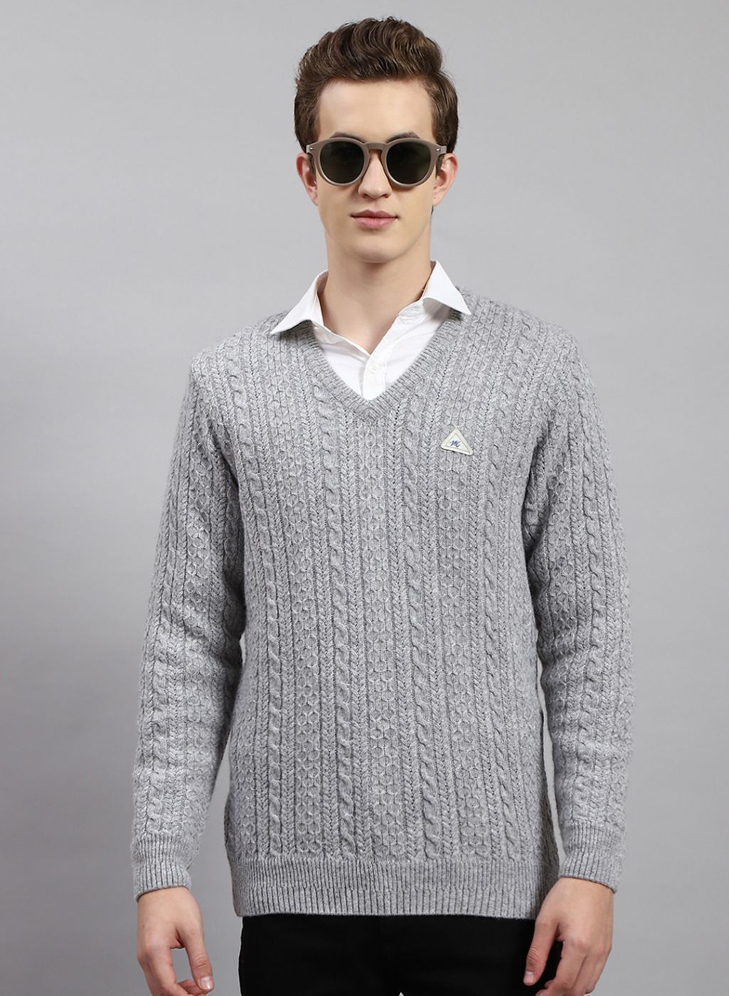 Men Grey Self Design Lamb wool Pullover
