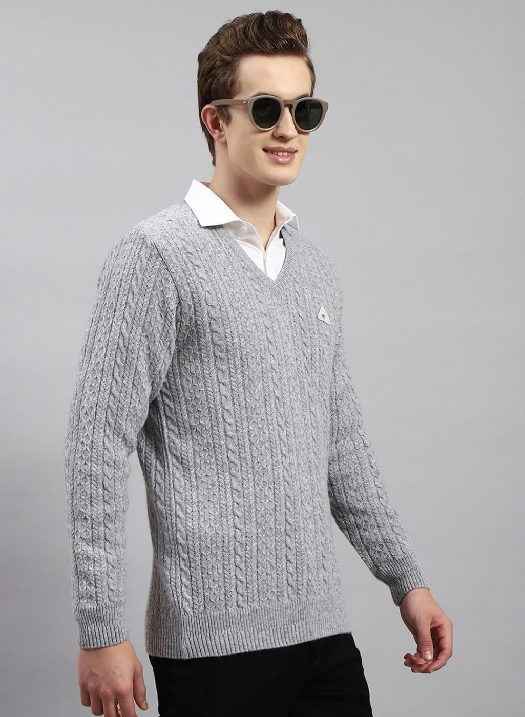 Men Grey Self Design Lamb wool Pullover