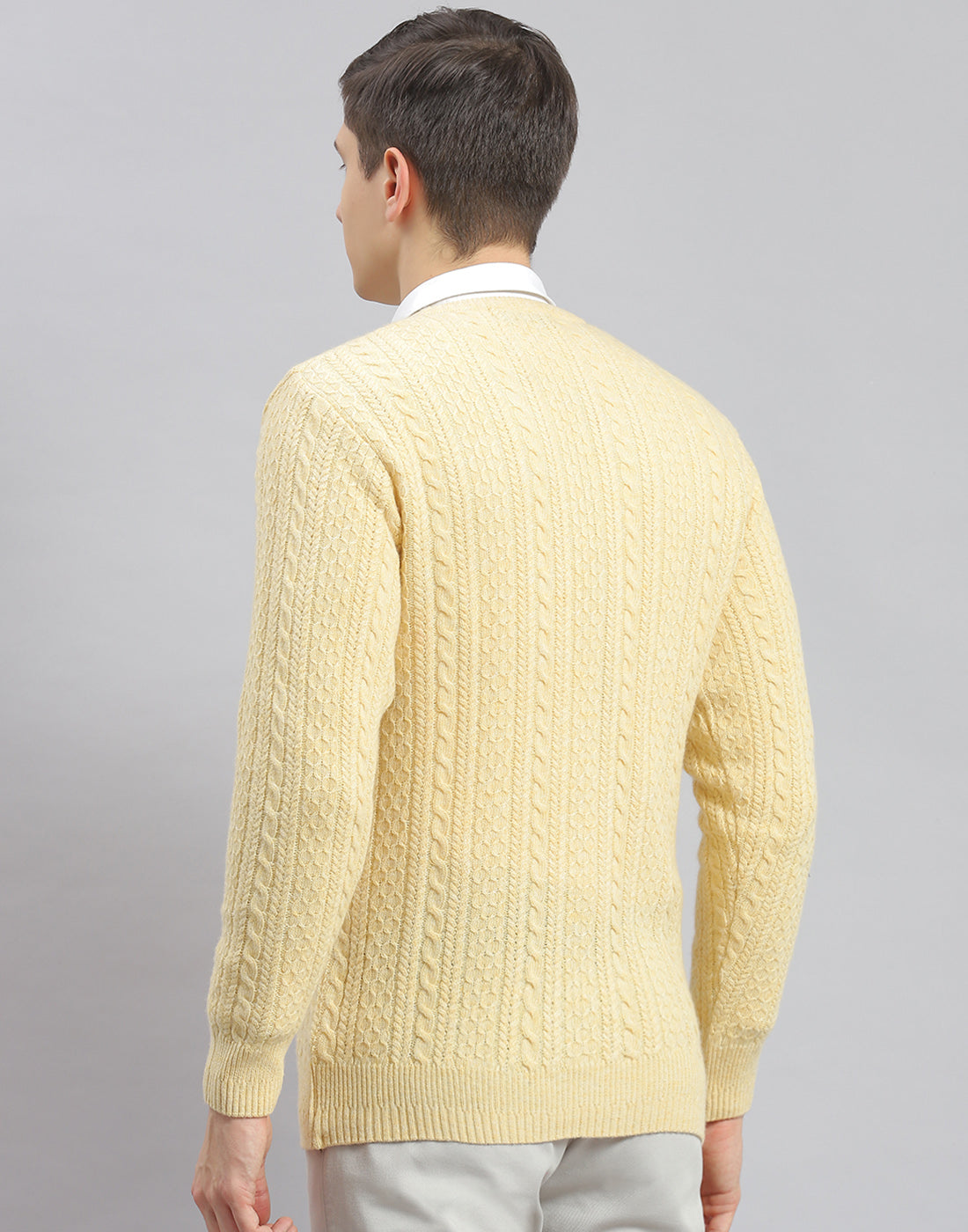 Men Cream Self Design V Neck Full Sleeve Pullover