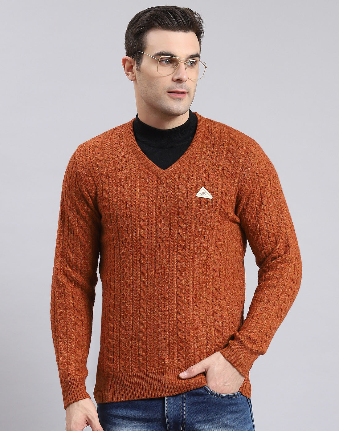 Men Rust Self Design V Neck Full Sleeve Sweater