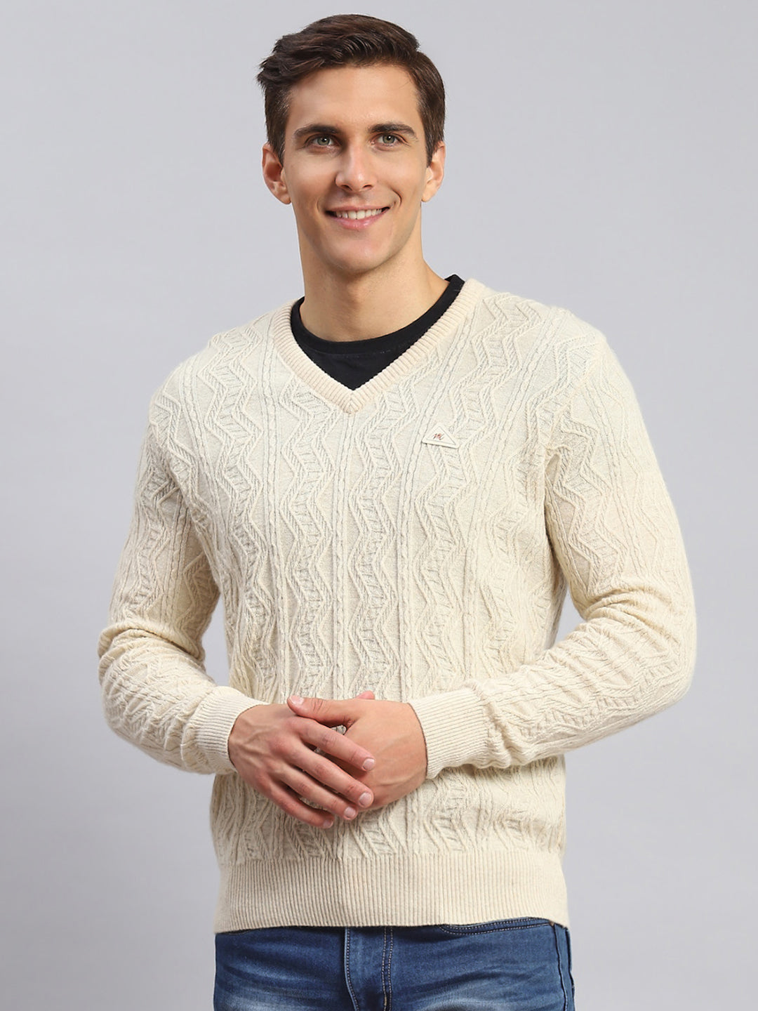 Men Beige Self Design Lamb wool Pullover