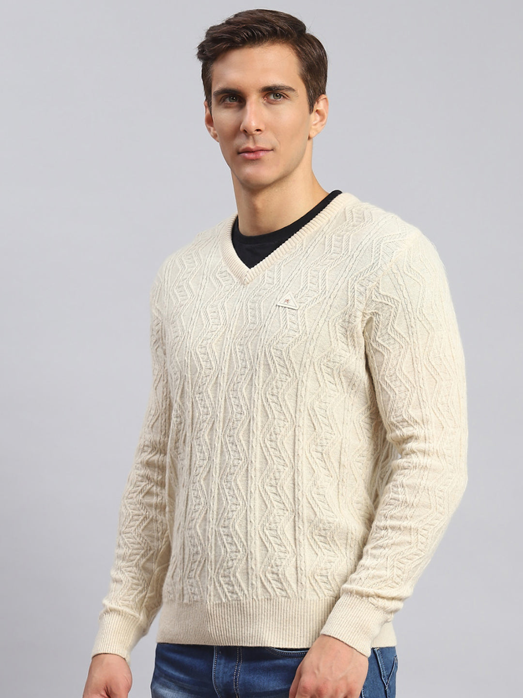 Men Beige Self Design Lamb wool Pullover