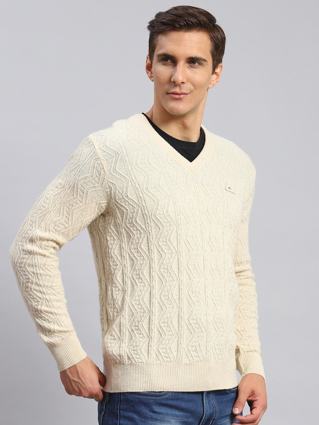 Men Beige Self Design Lamb wool Pullover