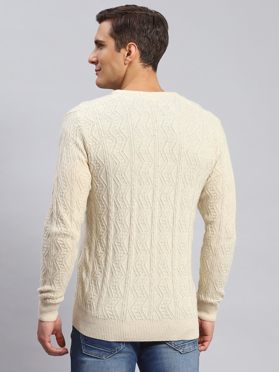 Men Beige Self Design Lamb wool Pullover