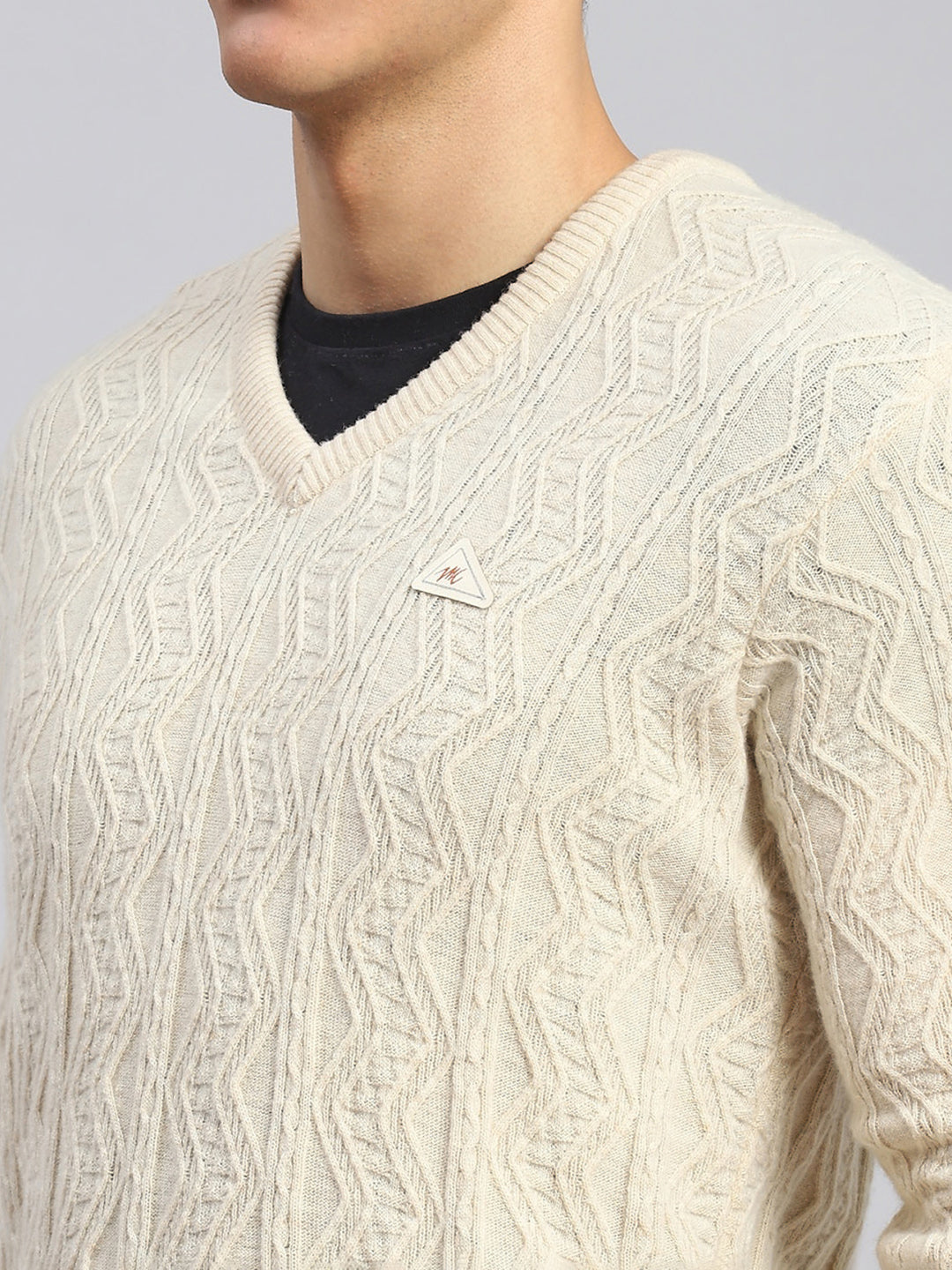 Men Beige Self Design Lamb wool Pullover