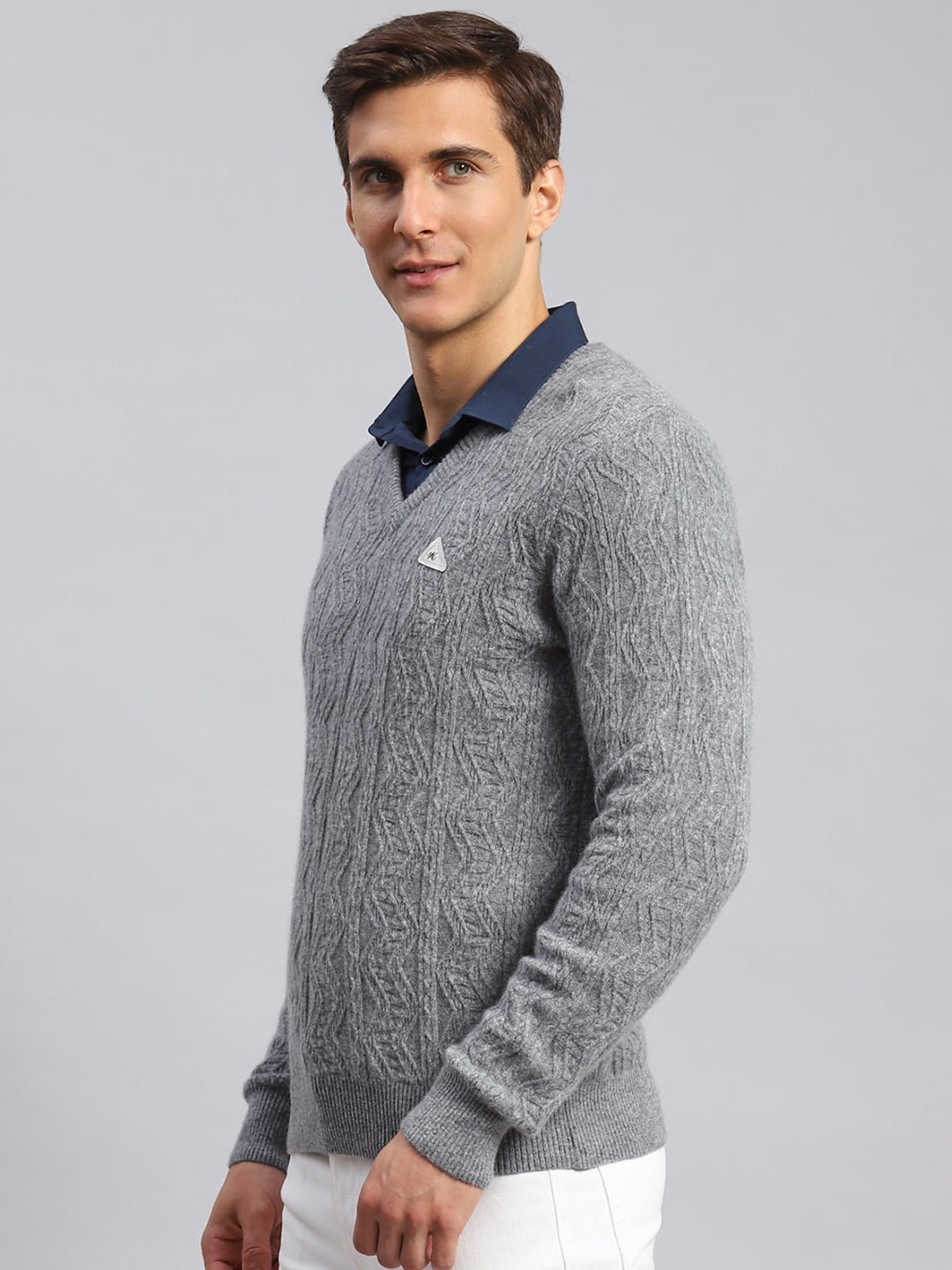 Men Grey Self Design Lamb wool Pullover
