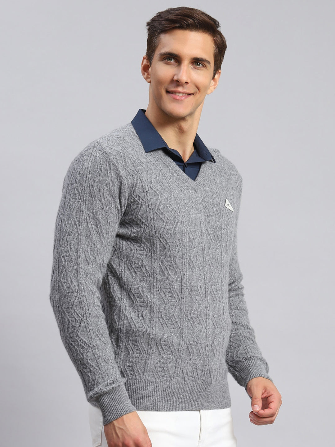Men Grey Self Design Lamb wool Pullover