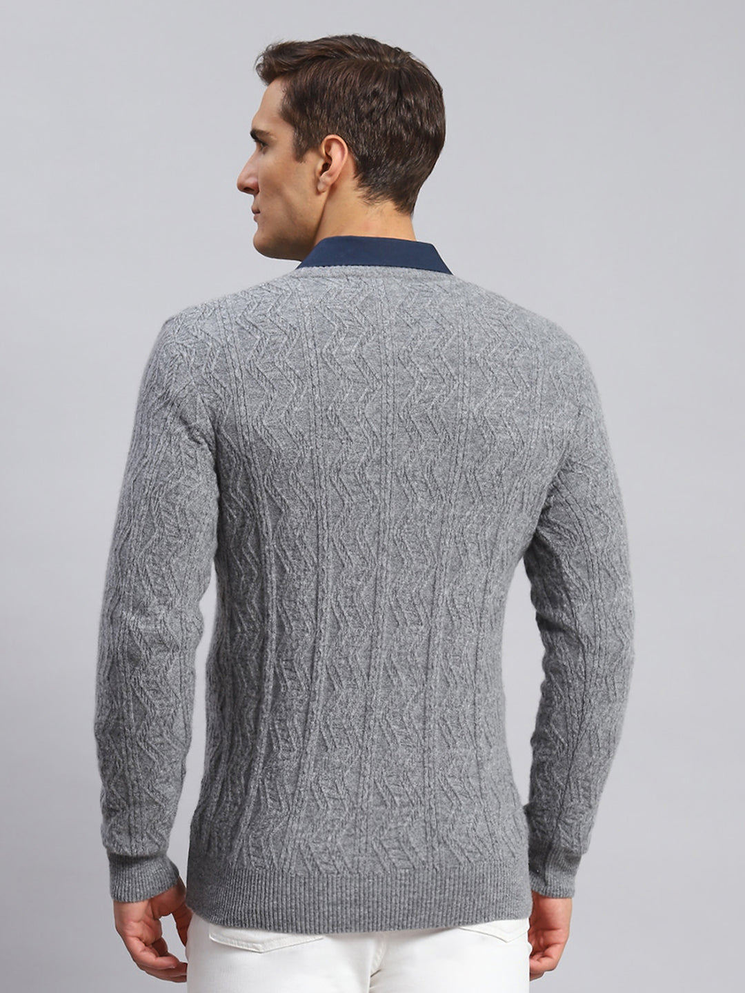 Men Grey Self Design Lamb wool Pullover