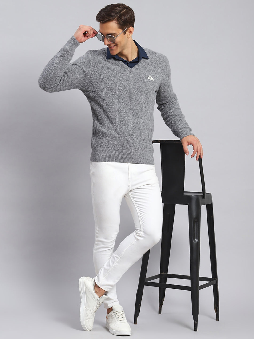 Men Grey Self Design Lamb wool Pullover