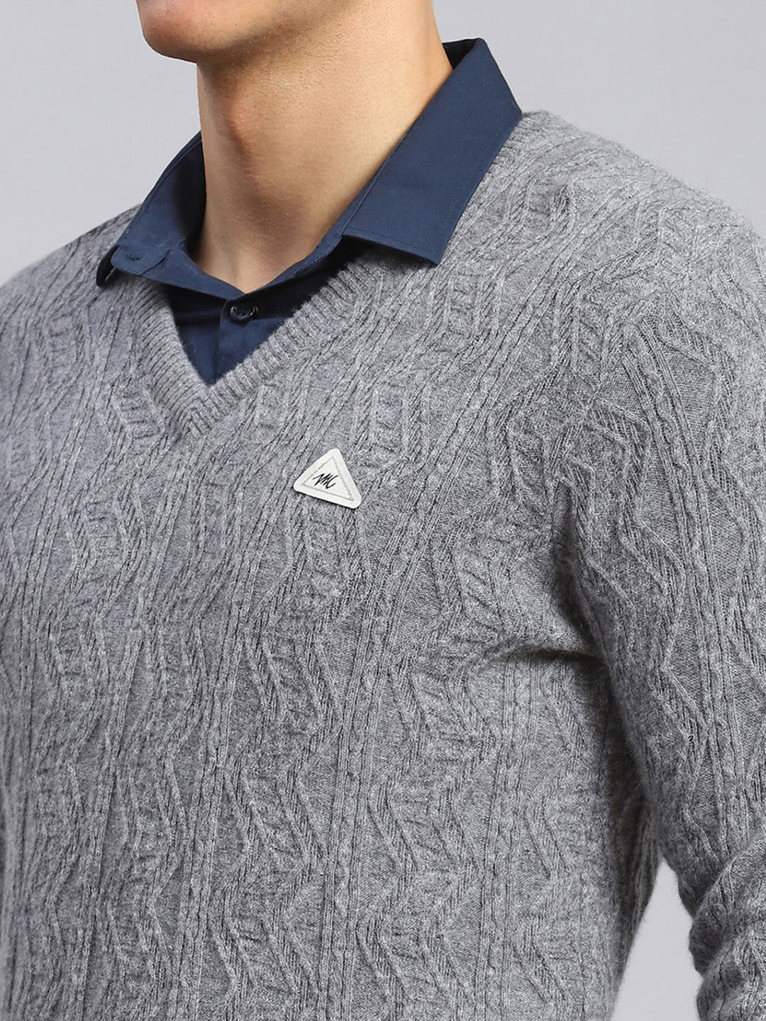 Men Grey Self Design Lamb wool Pullover