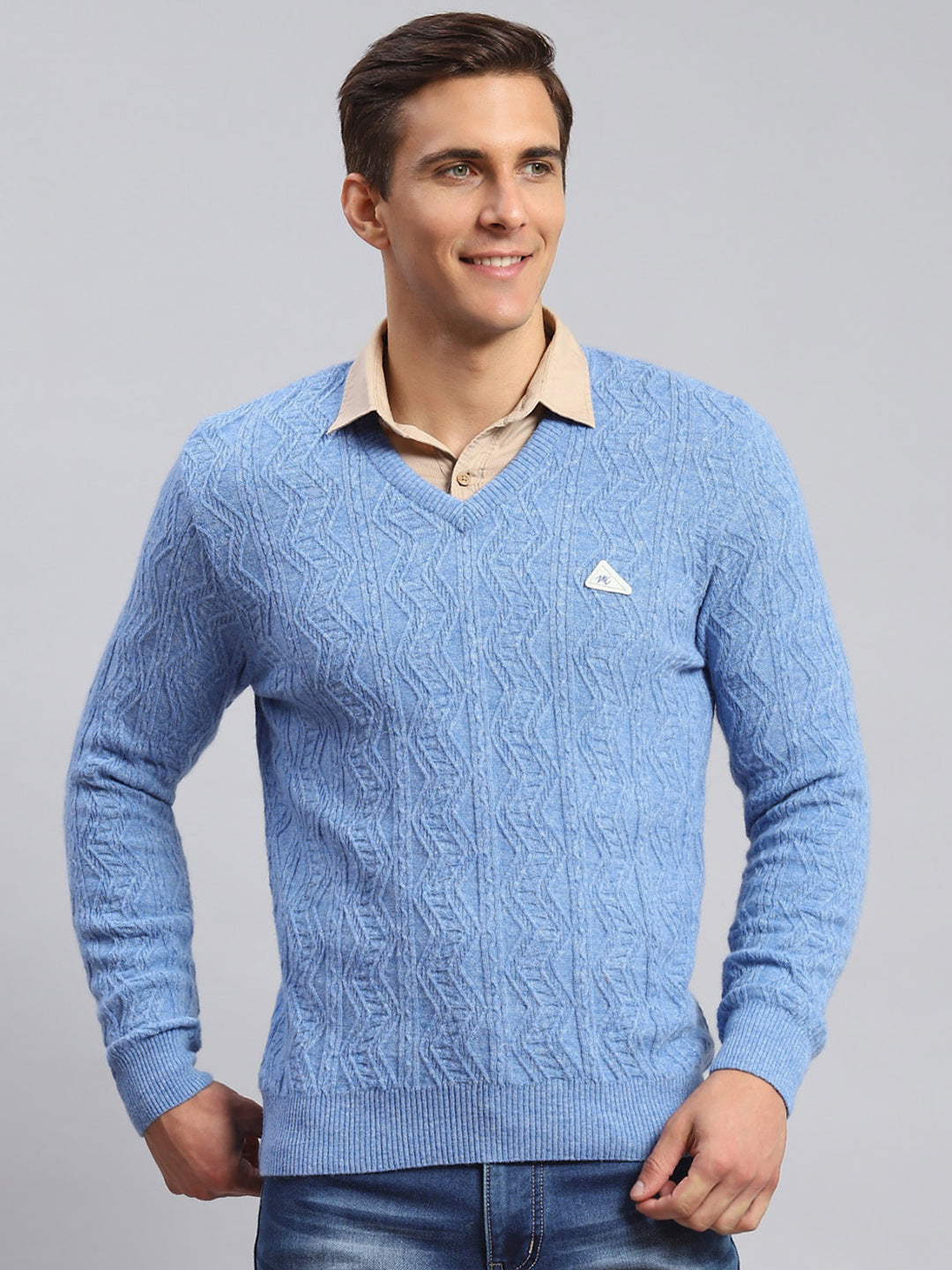 Men Sky Blue Self Design Lamb wool Pullover