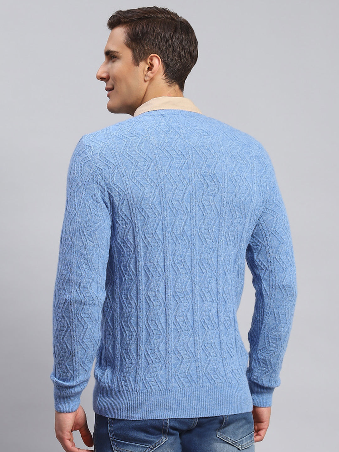 Men Sky Blue Self Design Lamb wool Pullover