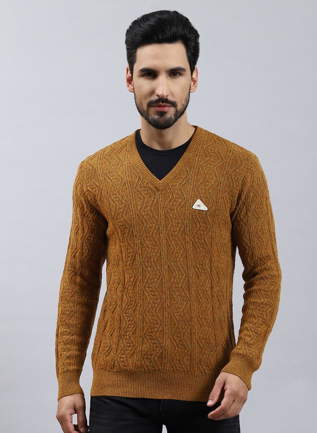 Men Brown Self Design Lamb wool Pullover