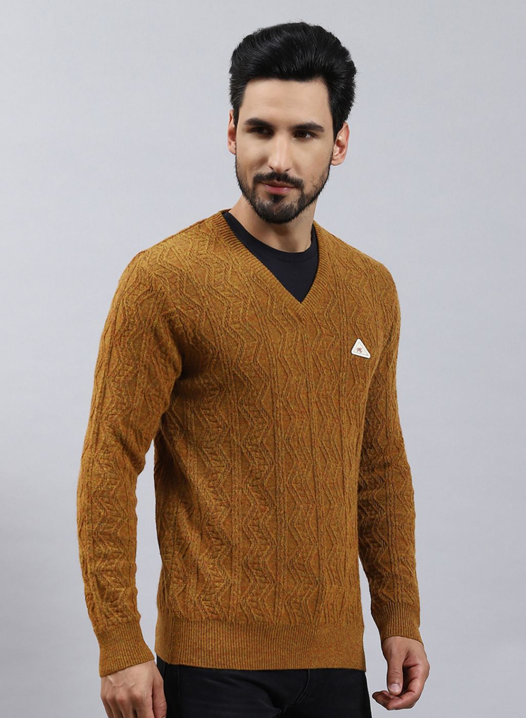 Men Brown Self Design Lamb wool Pullover