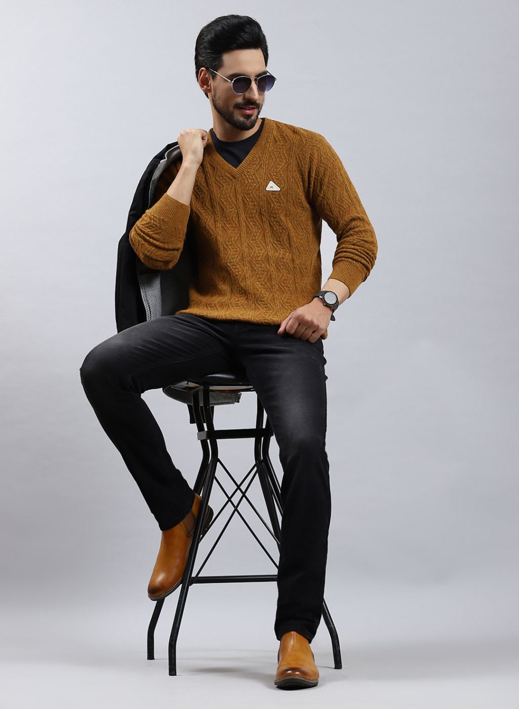 Men Brown Self Design Lamb wool Pullover