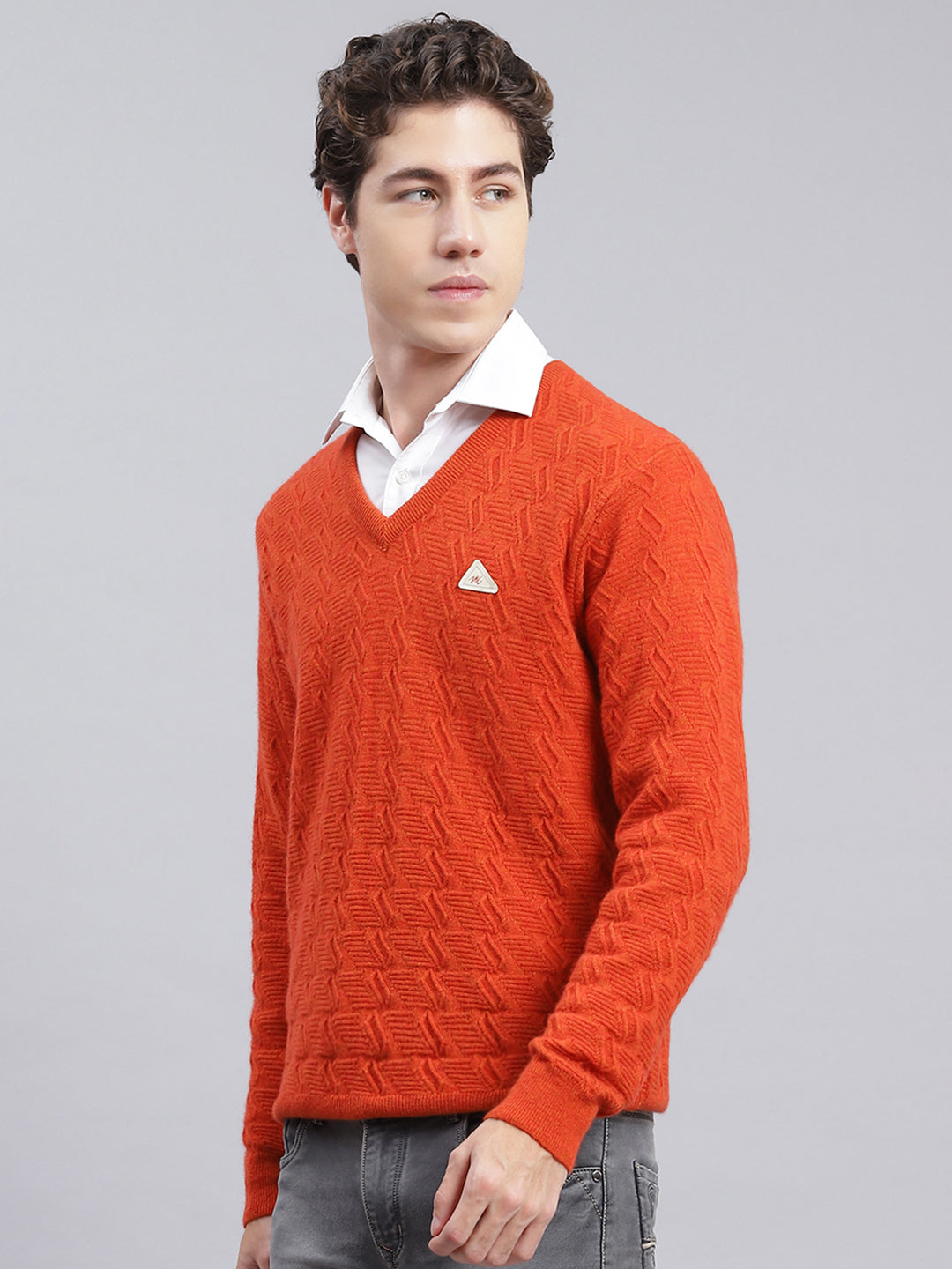 Men Orange Self Design Lamb wool Pullover