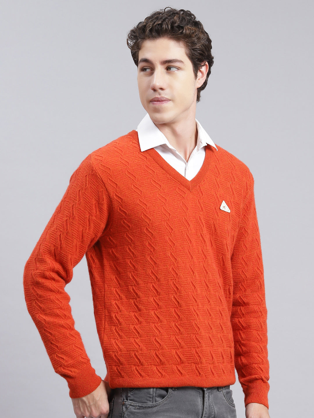 Men Orange Self Design Lamb wool Pullover